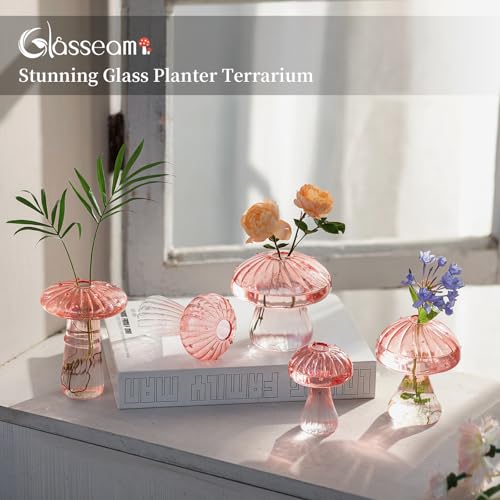 Glasseam Mushroom Plant Propagation Station: 5 Pcs Pink Glass Terrarium Jar | Handmade, Small Hydroponic Planters, Pothos Cutting Propagation Vase, Windowsill, Office, Table Centerpieces, Gifts for Women - color: Pink, size: 10