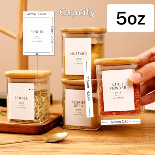 HHMJSM 12 Pcs Square Glass Spice Jars with Natural Bamboo Lids - 5oz Airtight Herb Containers with 148 Waterproof Minimalist Spice Labels Preprinted - Empty Small Seasoning Jars for Kitchen Pantry - color: 5oz(12pcs)