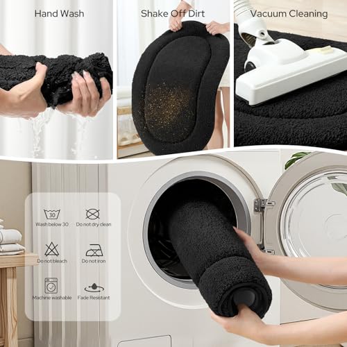 HOMEIDEAS Black Oval Bathroom Rug Sets 2 Piece 20" x 32" + 16" x 24" | Microfiber Bath Mats, Non-Slip TPR Backing, Ultra Absorbent & Quick Dry, Machine Washable for Bathroom, Shower, Tub - color: Black