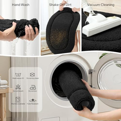 HOMEIDEAS Black Oval Bathroom Rug Sets 2 Piece 20" x 32" + 16" x 24" | Microfiber Bath Mats, Non-Slip TPR Backing, Ultra Absorbent & Quick Dry, Machine Washable for Bathroom, Shower, Tub - color: Black