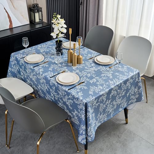 Pioggia Vinyl Tablecloth with Flannel Backing - Waterproof, Oil-Proof, Easy to Clean -Plastic Table Cloth - Perfect for Dining Tables, Kitchen Tables, Parties (Blue Leaves, 60×120 Inch Rectangular) - color: Blue Leaves, size: 120" x 60" (Rectangular)