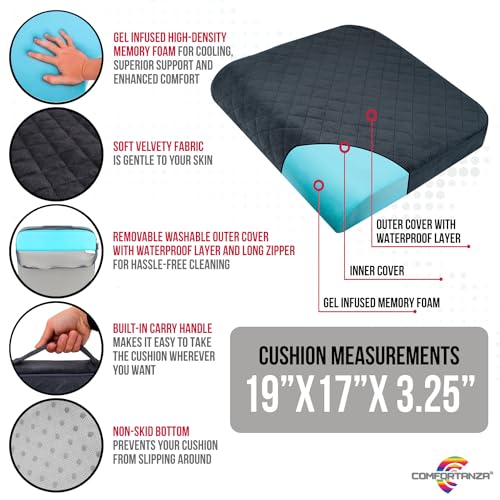 Large 19"x17"x3.25" Medium-Firm Memory Foam Seat Cushion with Cooling Effect, Washable Cover and Non-Slip Base for Office Chairs, Wheelchairs, Recliners, Cars - Back Pain Relief - Black - color: Black