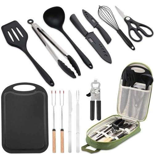 Wesqunie Camping Cooking Utensils Set, Cookware Set for Outdoor Hiking BBQ | Stainless Steel & Silicone Mess Kit, Durable Outdoor Kitchen Gear for Hiking, RV, Picnic Grill & Travel Camping Meal Prep - color: 14PCS Green