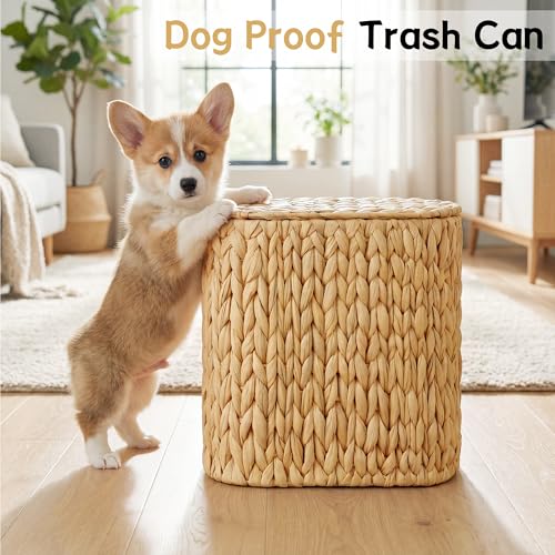 iEGrow 3 Gallon Wicker Trash Can, Bathroom Trash Can with Lid, Narrow Natural Water Hyacinth Waste Basket with Removable Liner, Boho Garbage Can for Bedroom, Office, Small Spaces Living Room, Toilet - color: Brown, size: Oval