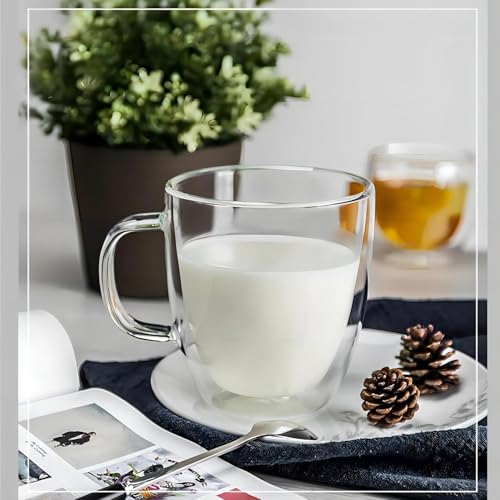 Double Wall Glass Coffee Mugs with Handle, 15 oz Set of 4 | Premium borosilicate, Heat resistant, Sweat proof, For latte, cappuccino, espresso, tea