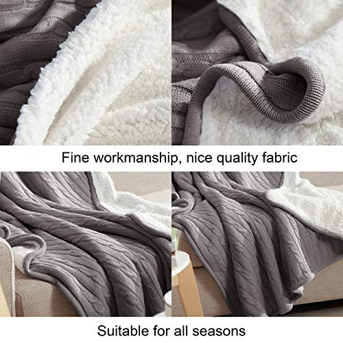 NTBAY Twin Cotton Cable Knit Sherpa Blanket, 60 x 80, Grey | Cotton Cable Knit Front with Warm Sherpa Reverse, 60 x 80 Inch Twin Blanket for Bed, Sofa, and Cold-Weather Layering - color: Grey
