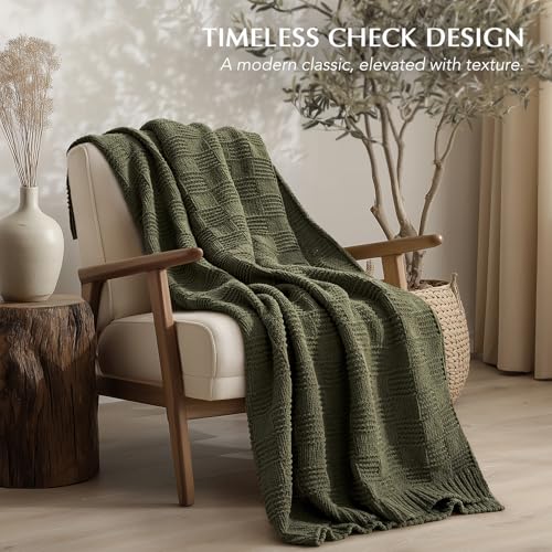 EVERGRACEHOME Modern Checkered Chenille Throw Blanket, 50x60, Olive Green | Lightweight Warmth, All-Season Breathability, OEKO-TEX certified, Timeless Grid Pattern, Farmhouse Throw for Couch, Bed, Sofa - color: Olive Green, size: 50" X 60"