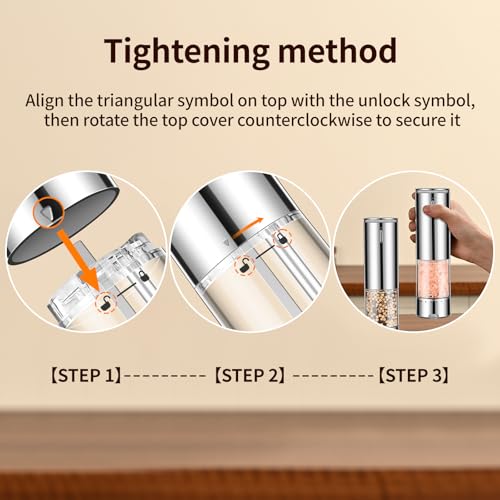 Electric Rechargeable Salt and Pepper Grinder Set - Automatic Grinder, External Adjustable Coarseness, LED Light, One-Hand Operation, Stainless Steel & Acrylic, USB Charging, Silver (Set of 2) - size: Silver