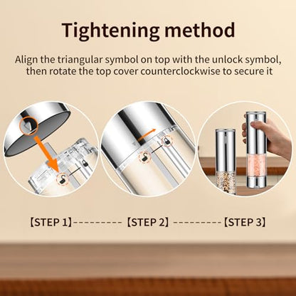 Electric Rechargeable Salt and Pepper Grinder Set - Automatic Grinder, External Adjustable Coarseness, LED Light, One-Hand Operation, Stainless Steel & Acrylic, USB Charging, Silver (Set of 2) - size: Silver