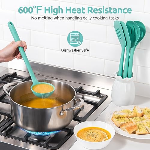 U-Taste 600℉ Heat Resistant BPA Free Non Stick Firm Cooking Tongs (Set of 2), and 600℉ Heat Proof BPA-Free Solid/Slotted Sturdy Cooking Utensil for Non Stick Cookware (Set of 5), Aqua Sky