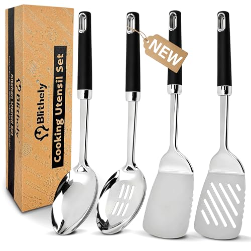 4PCS Stainless Steel Cooking Spatula Spoon Set, Metal Cooking Utensils Set with Anti-Scald Handle, Heat Resistant Kitchen Utensils Set with Turners, Serving Spoon, Ladle, Skimmer, Pasta Server