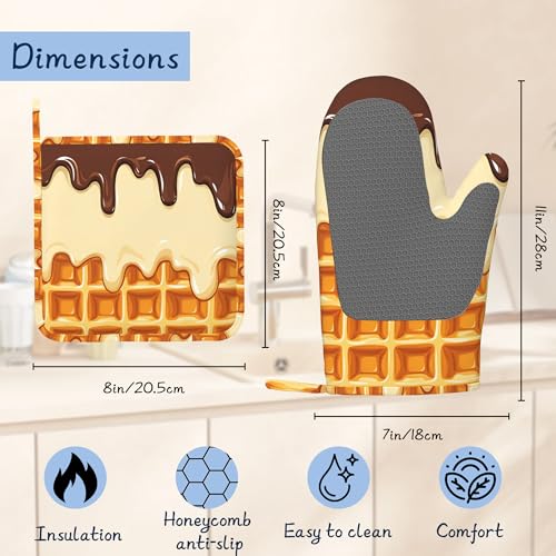 Heat Resistant Pot Holders and Oven Mitts,Funny Waffles Extra Long Kitchen Oven Mitt Set,Chocolate Cream Cotton Lining Anti-Slip Waterproof Kitchen Mittens Hot Pan Holder for Baking Cooking Grilling - color: Funny Waffles