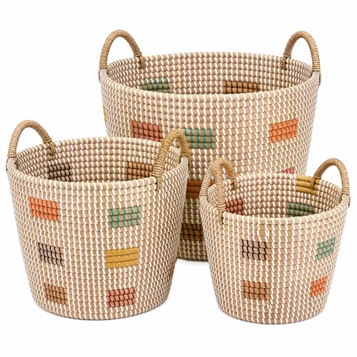 Natural Seagrass Storage Baskets Set of 3 with Handles, Handwoven Decorative Nesting Bins for Blankets, Towels, Toys, Closet, Living Room