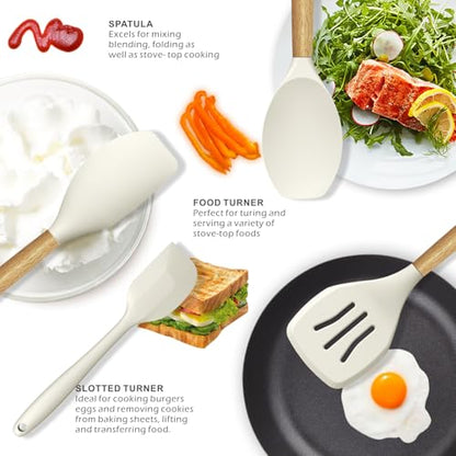 oannao Silicone Cooking Utensils Set - 446°F Heat Resistant Silicone Kitchen Utensils for Cooking,Kitchen Utensil Spatula Set w Wooden Handles, BPA FREE Gadgets for Non-Stick Cookware (Khaki) - color: Khaki