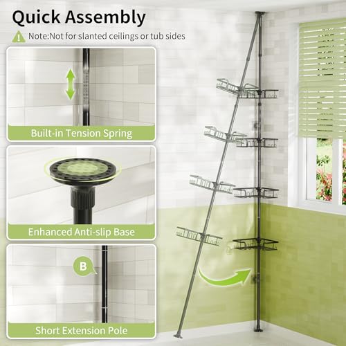 Corner Shower Caddy Tension Pole Adjustable 30.6-127.2 Inch, 4-Tier Rustproof Shower Organizer Shelf Rack, No-Drill Installation Bathroom Storage Shower Caddy Corner Pole, Black