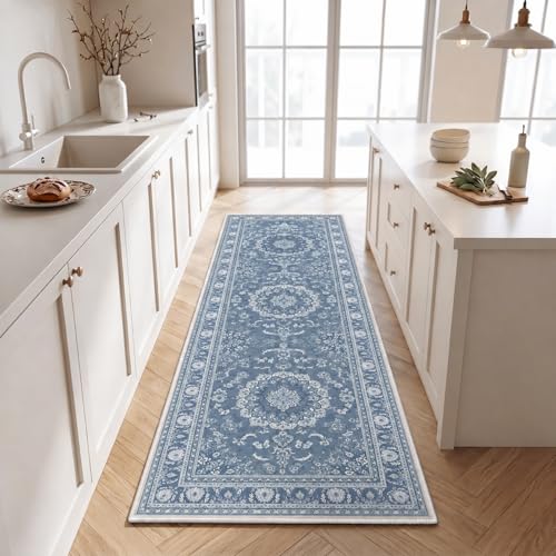 Boho 2x6 Hallway Runner Rug Indoor Machine Washable Vintage Area Rug with Non-Slip Backing Moroccan Runner for Entryway, Hallway, Kitchen, Bedroom, Bathroom, Laundry, Door Entrance Mat Carpet Decor - color: Blue, size: 2' x 6' (Rectangular)