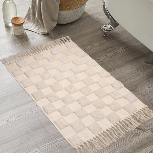 Boho Bathroom Rugs with Tassels 2'x3' Cute Checkered Bath Mat Beige Cotton Rug Fits Perfectly Into Your Bath Machine Washable Woven Rug, 24 x 36 inch - color: Checkered Cream, size: Small(2'x3')