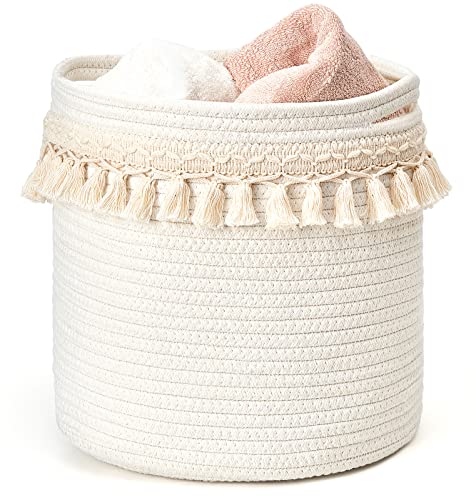 Mkono Macrame Cotton Rope Basket, Small Boho Nursery Decor, 11"x11", Ivory | Multi-Use Woven Storage Bins, Baby Toys, Closet Organizer, Potted Plants Cover, Decorative Tassel, Living Room Bedroom Office - size: 11"x11"