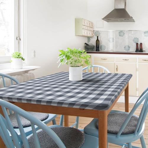 Kitchen Tablecloth -Fitted with Elastic, Vinyl with Flannel Back, Fits for Table 36" w x 60" L Rectangle,Water Proof, Easy to Clean, Checked Grey Design - color: Checkd Grey, size: 60" x 36" (Rectangular)