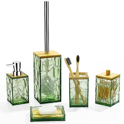 GAHEFY Sage Green Bathroom Accessories Set, Toothbrush Holder, Soap Dispenser, Cotton Swabs Holder, Soap Dish, Toilet Brush with Holder, Boho Bamboo Bathroom Decor,Acrylic (Green) - style: Green-5pcs