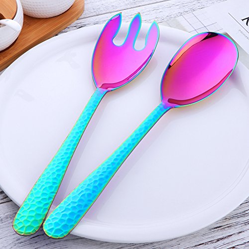 Salad Spoon and Fork Set, 12 Inch Stainless Steel Rainbow Salad Server, Large Serving Utensils, Pack of 2 - color: Rainbow