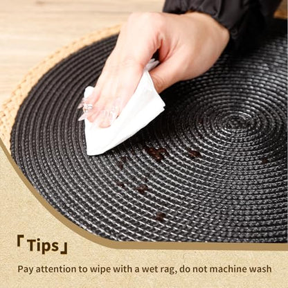 Round Weave Placemats Set of 6, Black with Beige Woven Edge, 15 Inch Heat Resistant Non-Slip Washable Table Mat for Dining Table Kitchen Farm Decor