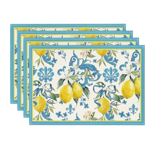 Artoid Mode Blue Lemon Iris Spring Place Mats 12x18 Inch Set of 4 and Table Runner 13x72 Inch