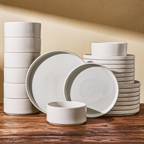 Ceramic Plates & Bowls Sets for 6, Handmade Reactive Glaze | Matte White, 18-Piece Stoneware Dinnerware, Everyday Use, Microwave & Dishwasher Safe, Chip & Scratch Resistant Ribbed Dishes - color: Matte White, size: Service for 6 (18pc)