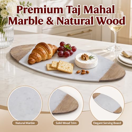 Creative Home Luxury Taj Mahal Natural Marble & Solid Wood Trim Cheese Board, Handcrafted Serving Platter with Cool Surface for Charcuterie, Pastries - KITCHEN ESSENTIAL Gift