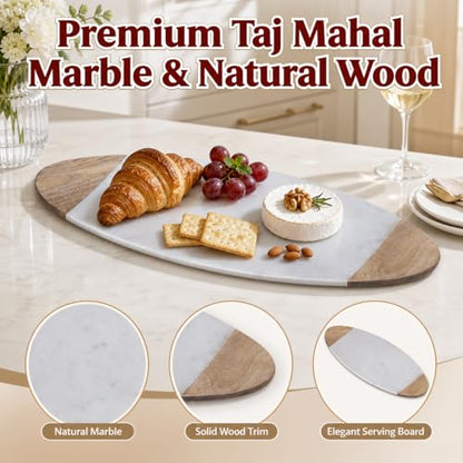 Creative Home Luxury Taj Mahal Natural Marble & Solid Wood Trim Cheese Board, Handcrafted Serving Platter with Cool Surface for Charcuterie, Pastries - KITCHEN ESSENTIAL Gift