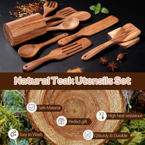 MYRAINBOW Wooden Spoons for Cooking, 10-Piece Teak Wooden Cooking Utensil Set with Holder, Nonstick, Heat Resistant Kitchen Utensils, Durable Wooden Cooking Spoons, Kitchen Cooking Gifts for Women Men - color: 10 Piece Natural Wood Color