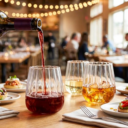 Hand Blown Stemless Wine Glasses Set of 4, 17 oz Borosilicate Glasses with Vertical Ribbed Interior, Lead-Free, Dishwasher Safe, for Red or White Wine and Cocktails