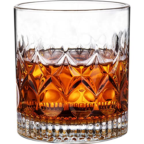 PARACITY Whiskey Glasses Set of 2, Old Fashioned Rocks Cocktail Glasses | Carved pattern and circular indents offer easy grip for ice balls, bourbon, Scotch, cocktails, bars, parties, or home use.