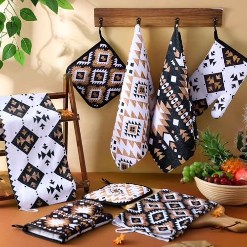 Teenyyou 8 Pcs Western Aztec Kitchen Towels Southwestern Pot Holders and Oven Mitt Set 4 Aztec Dish Towels 2 Rustic Absorbent Square Potholders 2 Heat Resistant Glove for Cooking Baking Home Gifting - style: Aztec