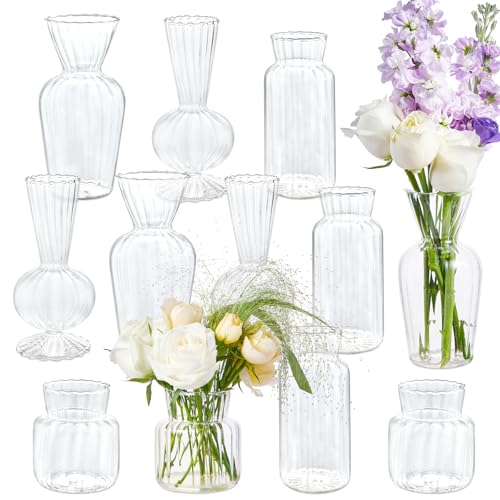 12 Pcs Ribbed Glass Bud Vases Set, 4 Styles Clear Small Flower Vases | Mini Vases in Bulk, Roman Column Vertical Ribbed Design for Wedding, Home Decor, Table Centerpieces, Party