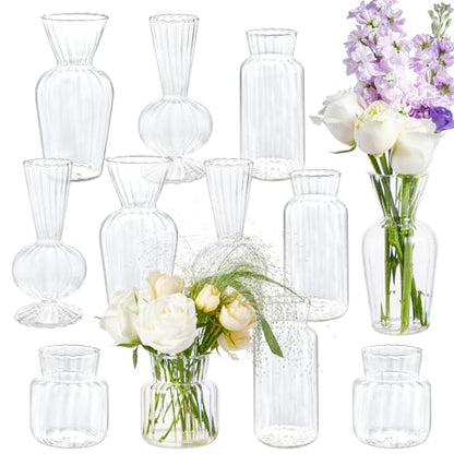 12 Pcs Ribbed Glass Bud Vases Set, 4 Styles Clear Small Flower Vases | Mini Vases in Bulk, Roman Column Vertical Ribbed Design for Wedding, Home Decor, Table Centerpieces, Party