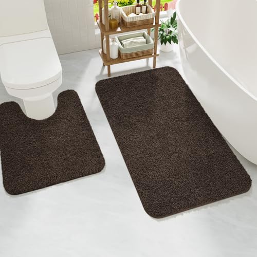 Brown Bathroom Rug Set 2 Piece Bath Mat 21x34'' &U Shape Toilet Rug 21x21'' | Absorbent,Washable,Non Slip Bathroom Rugs Sets,Contour Mat for Toilet - color: Brown
