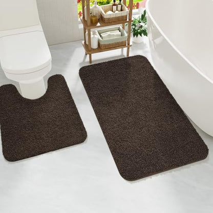 Brown Bathroom Rug Set 2 Piece Bath Mat 21x34'' &U Shape Toilet Rug 21x21'' | Absorbent,Washable,Non Slip Bathroom Rugs Sets,Contour Mat for Toilet - color: Brown