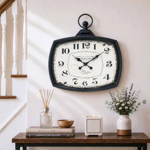 Large Farmhouse Wall Clock, Vintage Metal Rectangle Silent Battery Operated Wall Clock, Antique Old Design Style, Wall Clocks for Living Room,Kitchen,Bedroom,Office (25" H x 24" W)-Black - color: Black-24"×25"