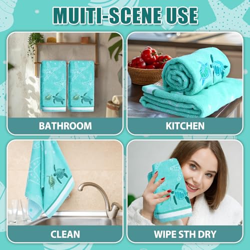 2 Pcs 13.7x29.5 Inch Sea Turtle Hand Towels | Jacquard 100% Embroidered Cotton, Soft Coastal Summer Beach Towel, Kitchen Bathroom Home Decor Gift
