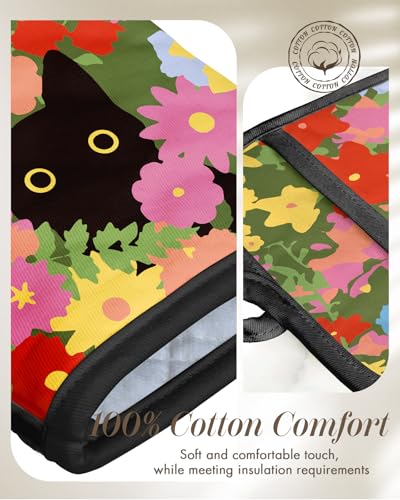 Miss Adola Cotton Oven Mitts and Pot Holders Sets, Floral Feline | Heat-resistant up to 350°F, Pure Cotton, Quilted Contact Surface, Stylish Design, with Hanging Loop, Ready to Gift Package - color: Floral Feline