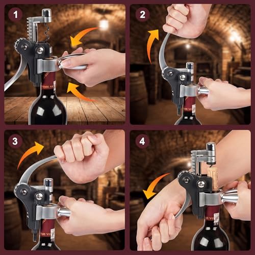 Wine Bottle Opener Set, 9-Pieces Stainless Steel Manual Corkscrew Kit with Classic Wooden Box, Wine Opener Set with Cutter, Spiral Stopper, Pourer for Home, Bar, Party, Birthday & Wedding Gift