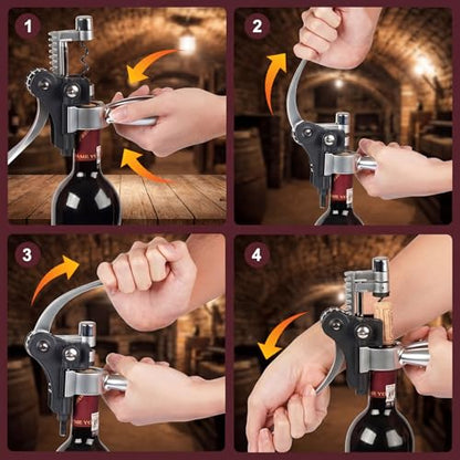 Wine Bottle Opener Set, 9-Pieces Stainless Steel Manual Corkscrew Kit with Classic Wooden Box, Wine Opener Set with Cutter, Spiral Stopper, Pourer for Home, Bar, Party, Birthday & Wedding Gift