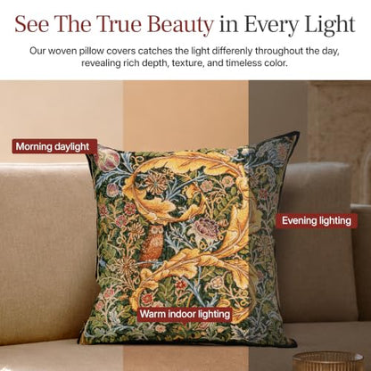 William Morris Owl and Pigeon Tapestry Throw Pillow Cover 18 x 18 in - color: Black Owl