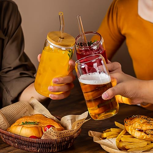 16 Oz Drinking Glasses - 6 Pcs Glass Cups with Bamboo Lids and Straws | Food-grade durable clear tumbler, Coffee bar accessories, Aesthetic gift, For beer, Iced tea, Include 2 cleaning brushes