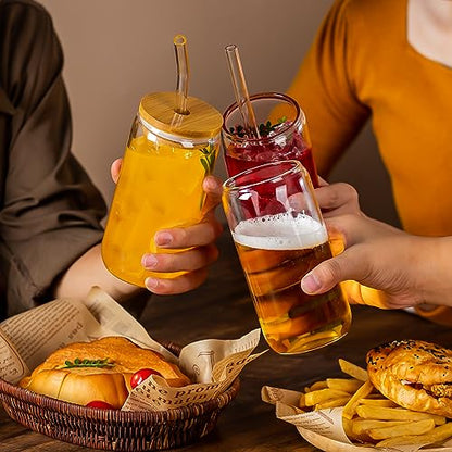 16 Oz Drinking Glasses - 6 Pcs Glass Cups with Bamboo Lids and Straws | Food-grade durable clear tumbler, Coffee bar accessories, Aesthetic gift, For beer, Iced tea, Include 2 cleaning brushes