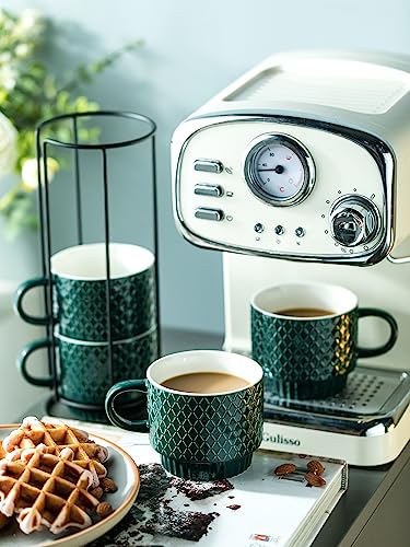 LYEOBOH Coffee Mug Set Porcelain Stackable Coffee Mugs with Stand and Spoons, 13 OZ. Cappuccino Cup Demitasse Cups for Drinks, Espresso, Latte,Set of 4, Dark Green - color: Dark Green