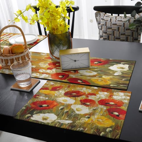 Table Runner and Placemats Set of 4 White Red Flower Leaf Decorative Dining Table Runner with Matching Placemats Plant Oil Painting Table Decor for Kitchen Dining Room and Everyday Use 13x70in - size: 13"x70"+4pcs