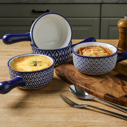 Selamica Ceramic Soup Crocks With Handles, 15 OZ French Onion Soup Bowls, Oven Safe Soup Bowls For Cereal, Stew, Chilli, Pot Pies, Baking, Microwave Dishwasher Safe, Set of 4, Vintage Blue