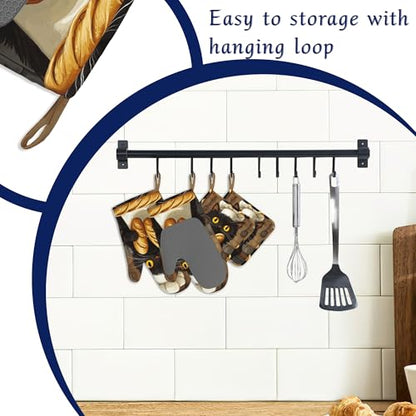 Funny Black Cat Oven Mitts and Pot Holders Chef Bread Silicone Kitchen Accessories Set of 4 Heat Resistant Non-Slip Long Gloves Potholder for Chef Cooking Baking Gifts Women Men - color: Funny Black Cat,chef Bread